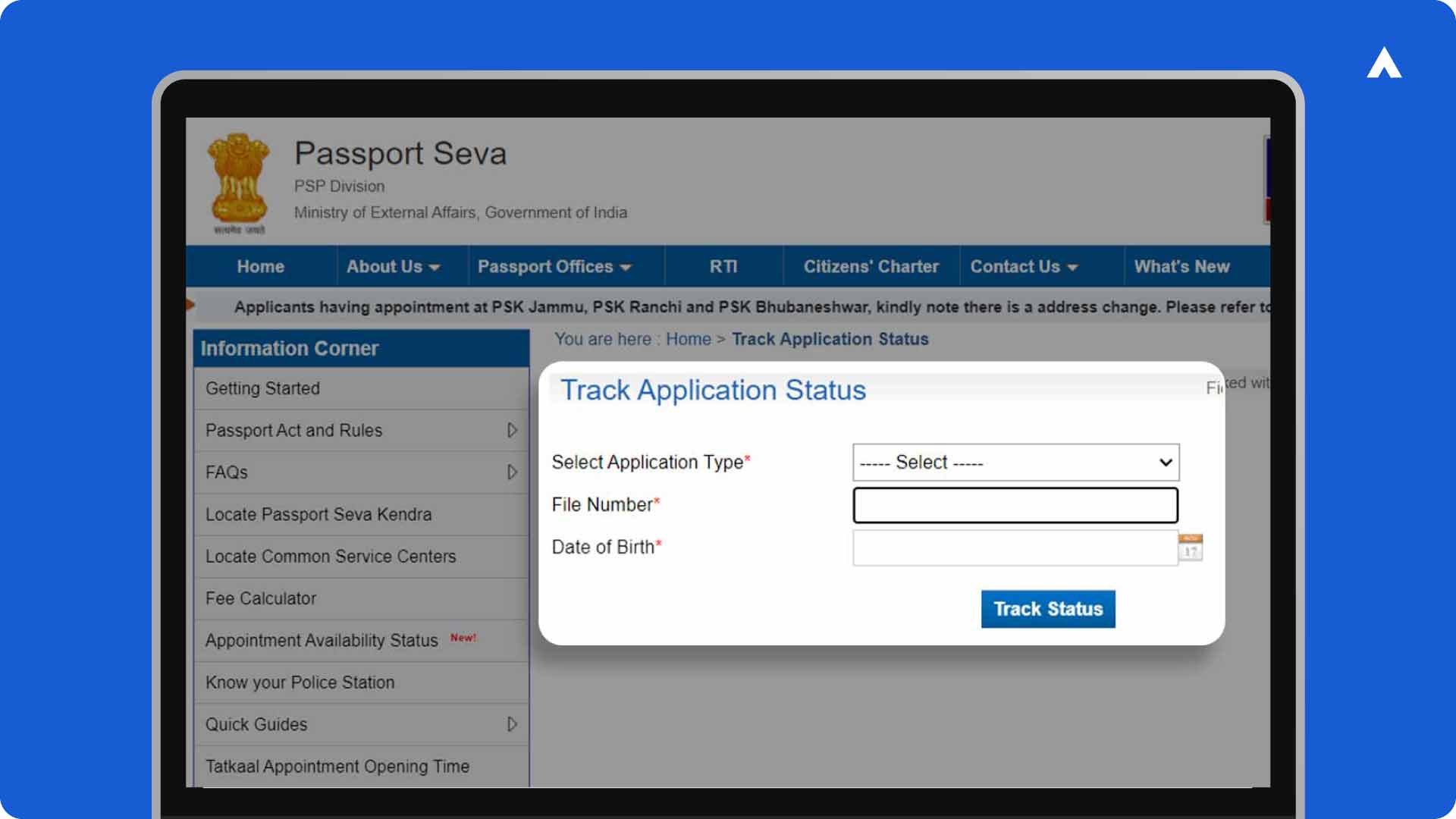 Track Passport Application Status Tab
