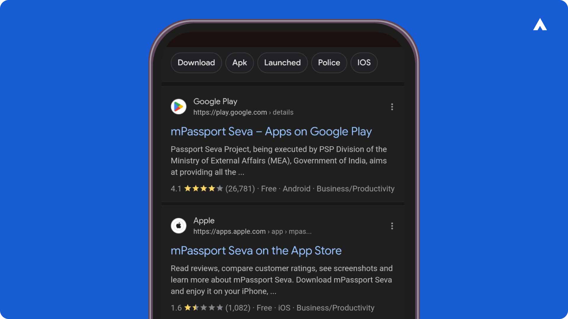 mPassport Seva App listing on Google Play Store, App Store