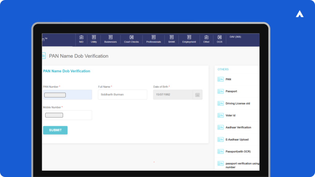 PAN DoB Verification API Step 1: Input PAN Name, and DoB.