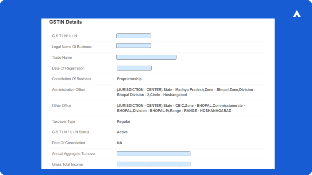 GST Output Details in API Dashboard of AuthBridge